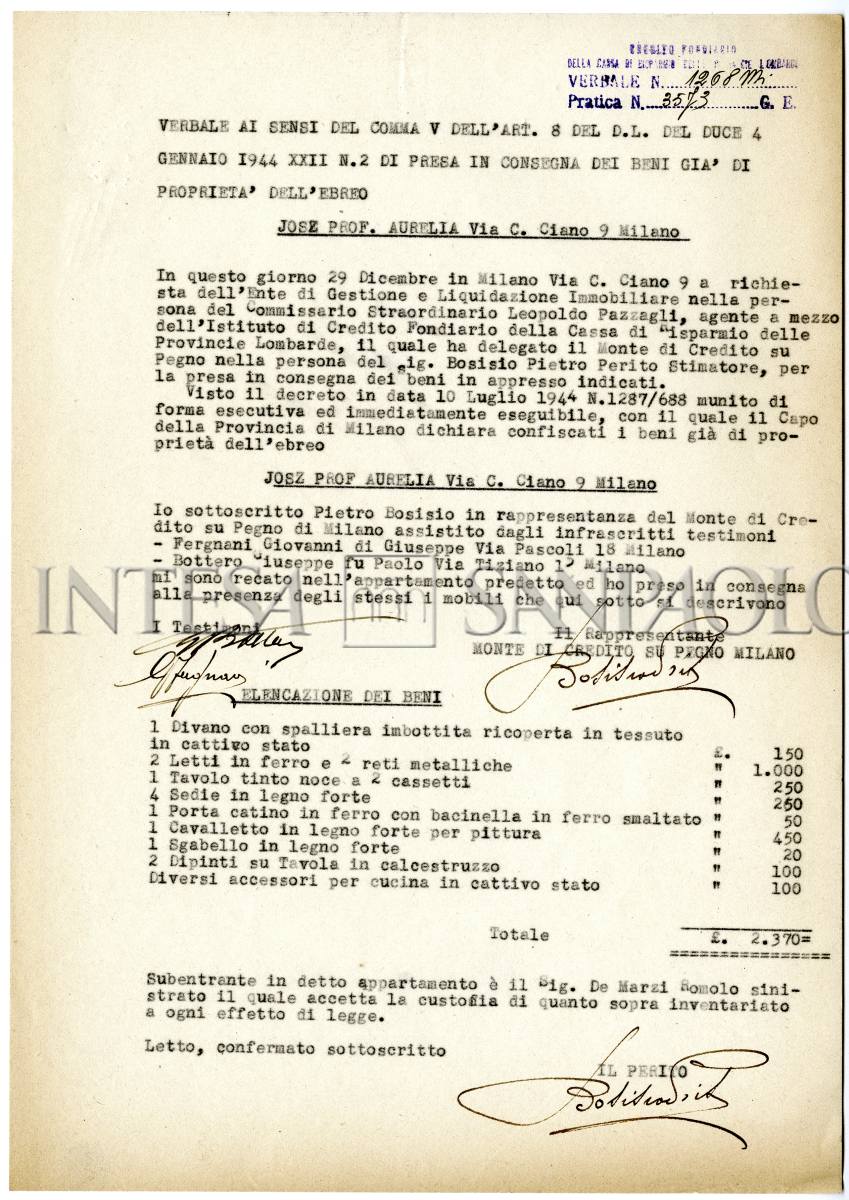 Verbale di presa in consegna dei beni di Aurelia Josz da parte del Credito fondiario, 29 dicembre 1944